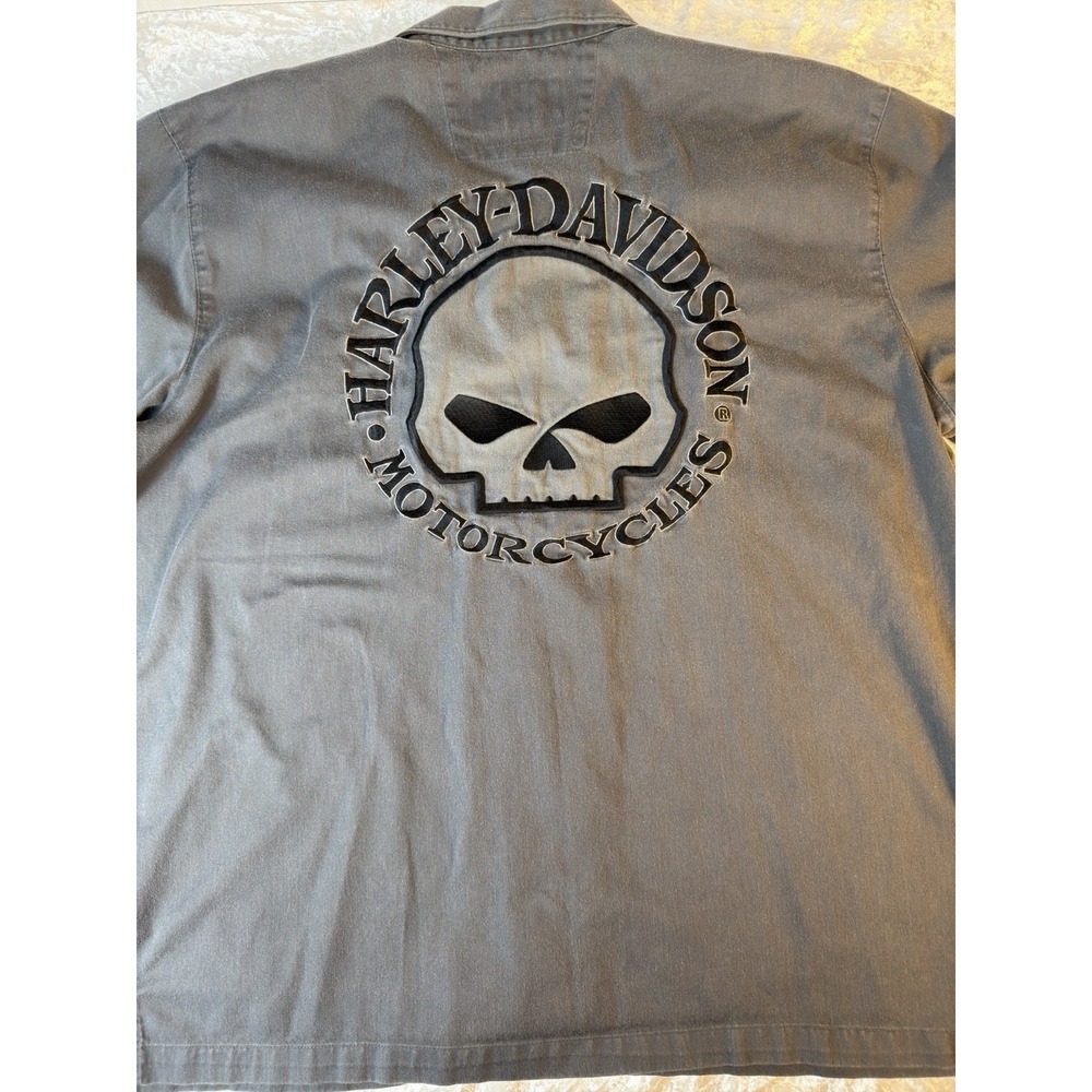 Harley Davidson Skull Logo Button Front Shirt Mens XL Gray Embroidered Biker